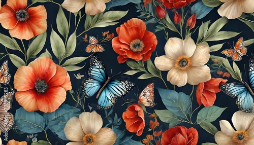 floral seamless pattern with flowers leaves butterflies luxury 3d illustration premium vintage wallpaper glamorous art with lilies and poppies dark background for fabric printing cloth posters photo