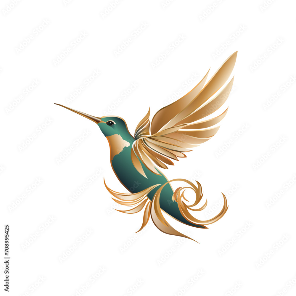 Fototapeta premium Hummingbird logo. Gold and teal color colibri bird flying logo design. Isolated on white background. Vector illustration 