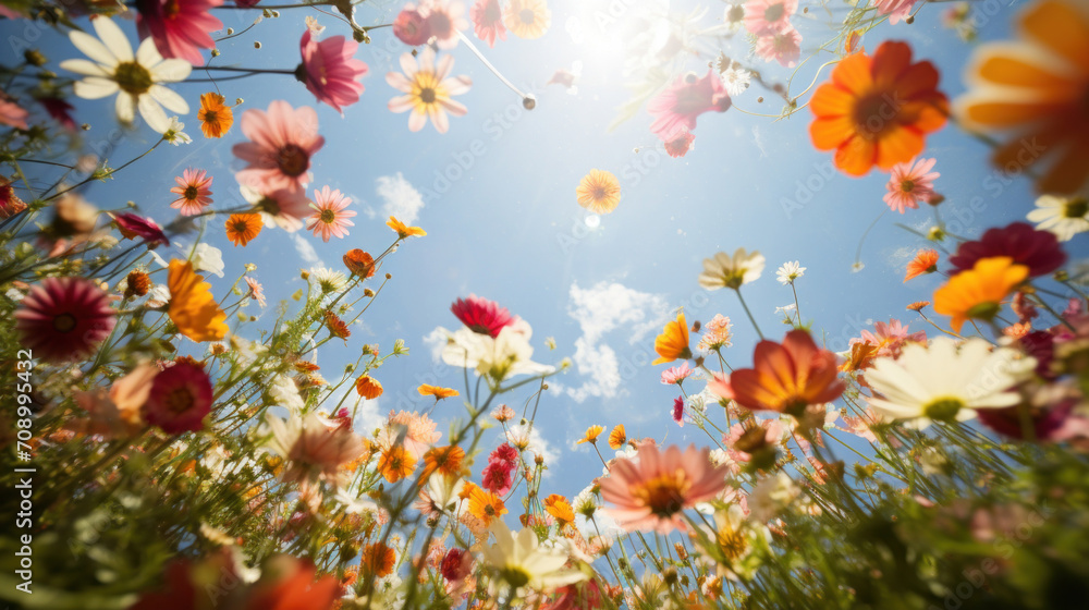 A low-angle view of colorful wildflowers reaching towards a clear blue sky on a sunny day, symbolizing growth and vitality.