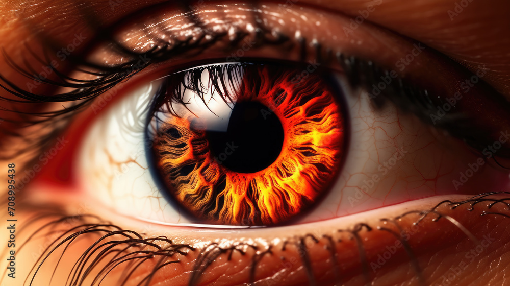 A close-up of a fiery eyeball, perfect for intense and captivating designs. Suitable for horror themes, Halloween graphics, or dramatic and impactful visual content.
