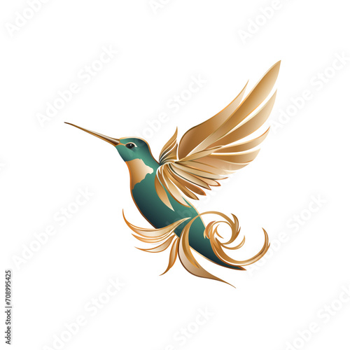 Hummingbird logo. Gold and teal color colibri bird flying logo design. Isolated on white background. Vector illustration 