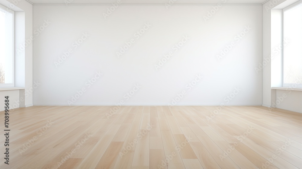 Rendering of a white wall view, illustration of an antique wooden floor interior, White empty room interior. The inside of the background. Nordic house interior.empty wall for writing