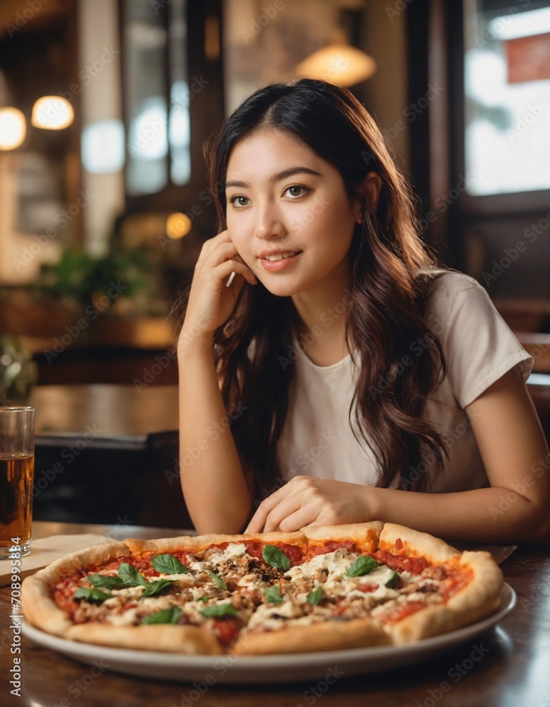 Japanese girl trying an italian pizza