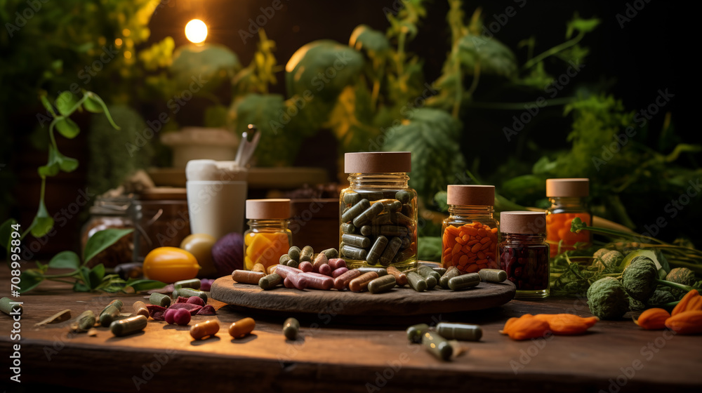 Vibrant display of herbal supplements, pills and vitamins in the bottles Vibrant display of herbal supplements, pills and vitamins in the bottles