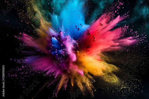 Multi color powder explosion isolated on black background. A colourful powder explosion of holi paint. Holi paint rainbow multi colored powder explosion on black background. Abstract 3d explosion wall