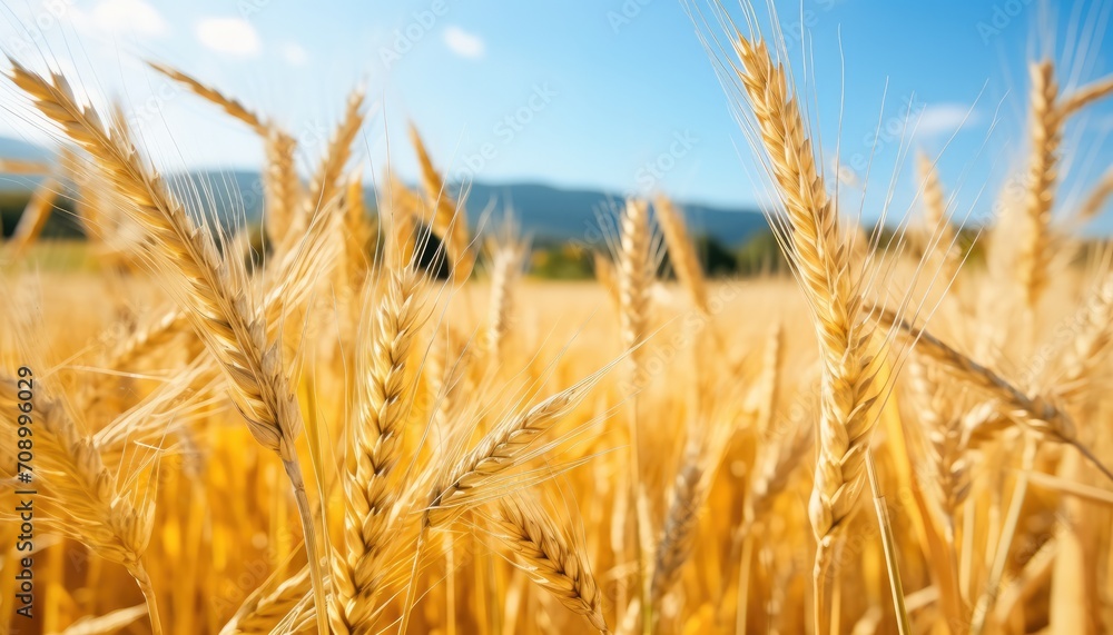 Fototapeta premium Barley in harvest season blue sky.