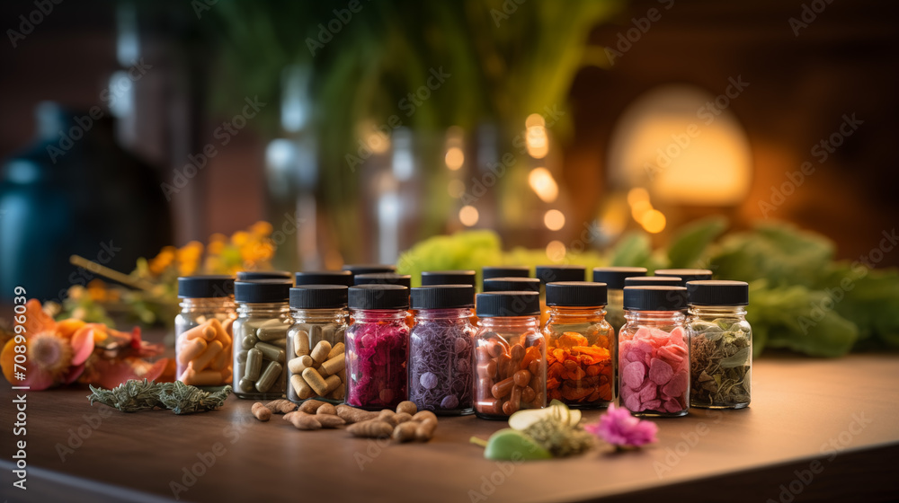 A vibrant display of herbal supplements, nuts and vitamins in the bottle - obrazy, fototapety, plakaty 