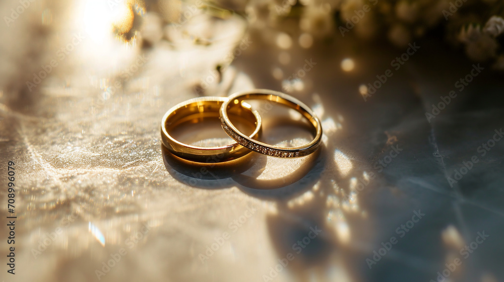 Wedding rings on the white marble table. Love, family concept. Wedding rings on the white marble table. Love, family concept.