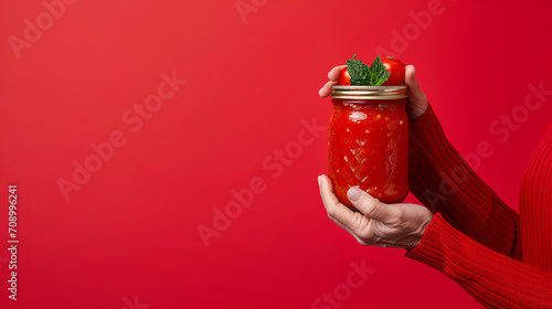Hands of mature woman holding homemade tomato sauce jar