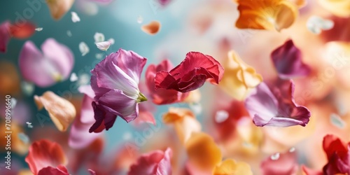 Flowers and petals floating in the air macro, abstract background