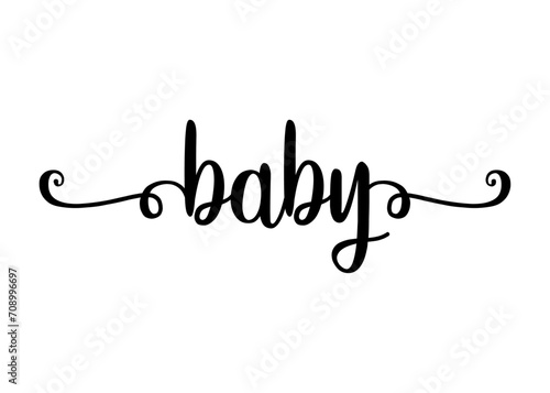 Anuncio de llegada de bebé. Logo con palabra en texto manuscrito baby con raya de decoración de caligrafía para su uso en invitaciones y tarjetas 