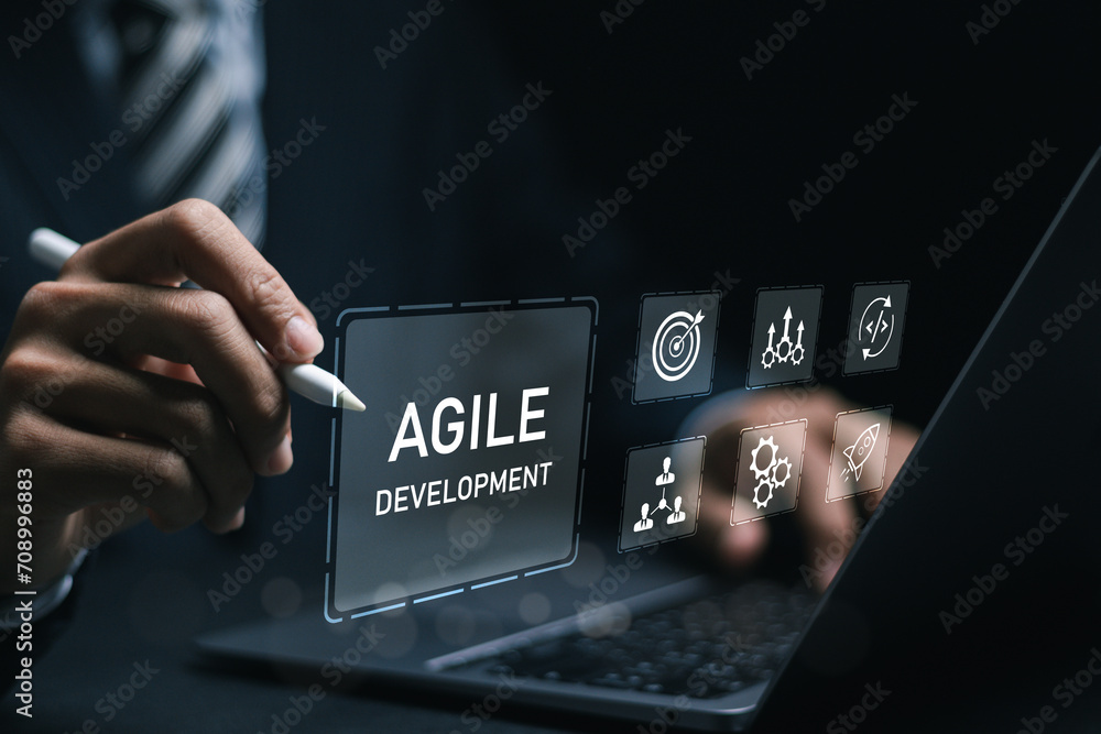Agile development methodology, businessman use laptop with virtual ...