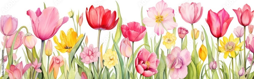 Fototapeta premium Tulips flowers. Watercolor illustration banner on white background