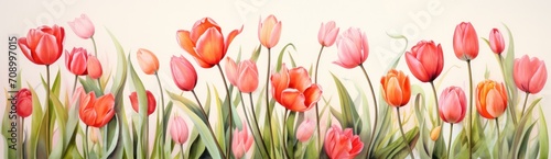 Tulips flowers. Watercolor illustration banner on white background #708997015