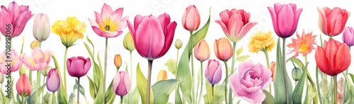 Tulips flowers. Watercolor illustration banner on white background