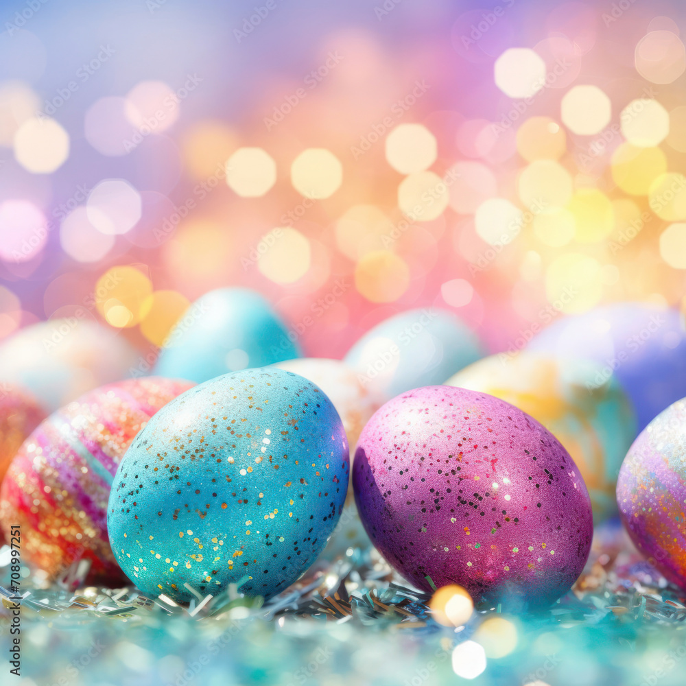 Colorful Easter eggs with a pattern on a blurred background with bokeh. Splashes of glitter. Background wallpaper texture for advertising, cards, banners and web design Colorful Easter eggs with a pattern on a blurred background with bokeh. Splashes of glitter. Background wallpaper texture for advertising, cards, banners and web design