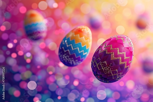 Colorful Easter eggs with a pattern on a blurred background with bokeh. Splashes of glitter. Background wallpaper texture for advertising, cards, banners and web design