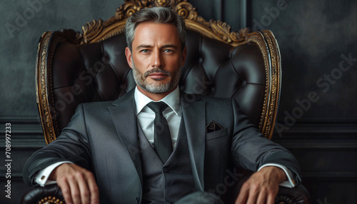 handsome and successful man sits in a luxury leather armchair