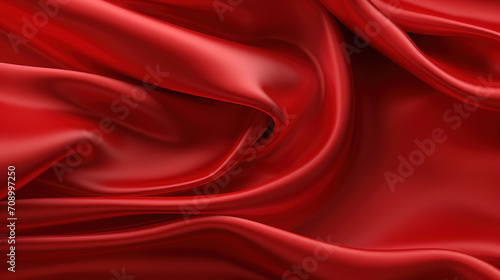 Close-up of a red satin fabric's luxurious and smooth texture, with its folds creating a sense of movement and depth.