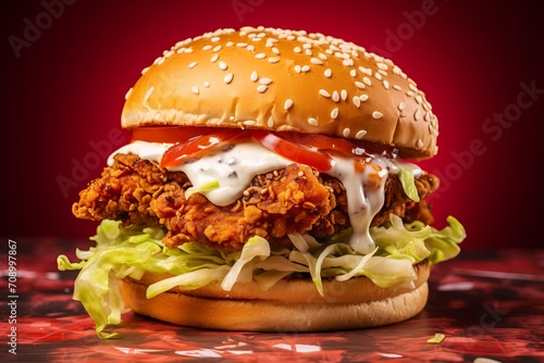 chciken burger on red background photo