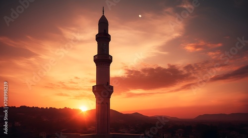 A silhouette of a minaret against a vivid sunset