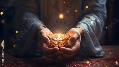 A spiritually uplifting Ramadan Kareem card with an illustration of hands in prayer photo