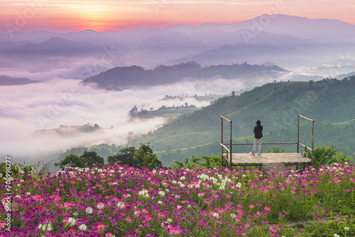 Beautiful sunrise in the morning with sea of mist on hight moutain, Mon Mok Tawan, Tak Province, Thailand. photo