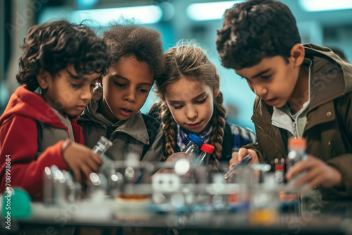 Group of passionate young students engaged in a fun, educational science project at their school laboratory. Animated kids brainstorming and tinkering with science experiments in class. Stem education photo