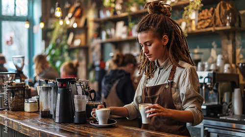 Stylish urban cafe with patrons enjoying their drinks and brutal female barista with a dreads wearing an casual uniform while crafting a latte, cozy interior