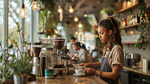 Stylish urban cafe with patrons enjoying their drinks and brutal female barista with a dreads wearing an casual uniform while crafting a latte, cozy interior