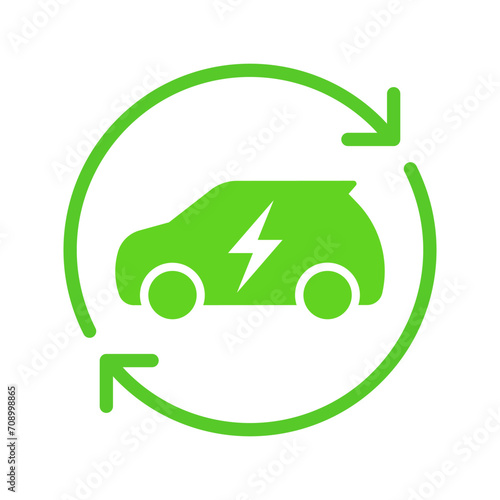 Electric car charging icon with recycling rotation arrow symbol, EV car, Green hybrid vehicles charging loop, Renewable clean energy sign, Eco friendly vehicle concept, Vector illustration