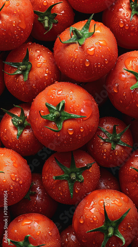 Fresh ripe red tomato branch with water drops on a dark background .