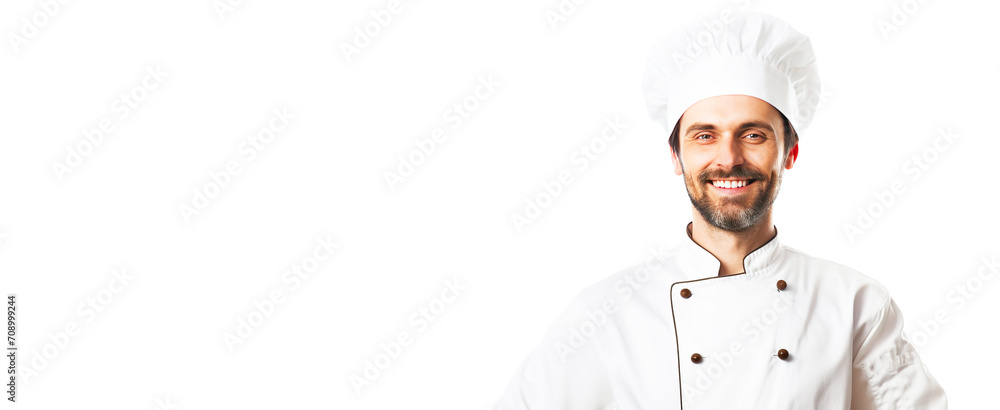 Smiling male professional chef in service uniform, white background isolate. Smiling male professional chef in service uniform, white background isolate.