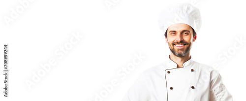 Smiling male professional chef in service uniform  white background isolate.