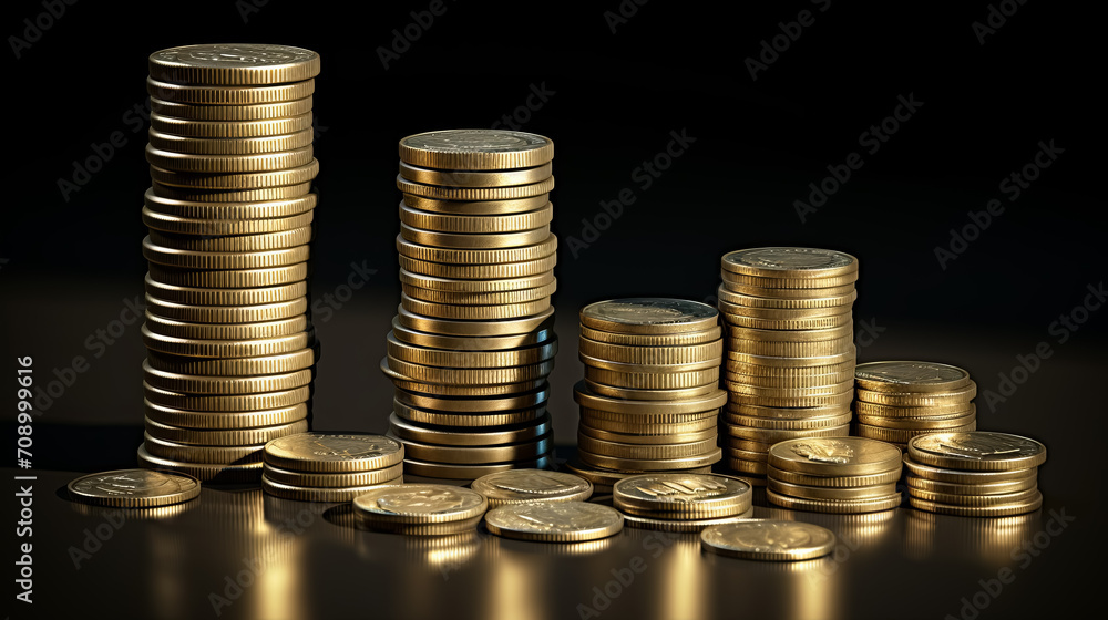 pile of coin stack on golden black background, financial success concept pile of coin stack on golden black background, financial success concept