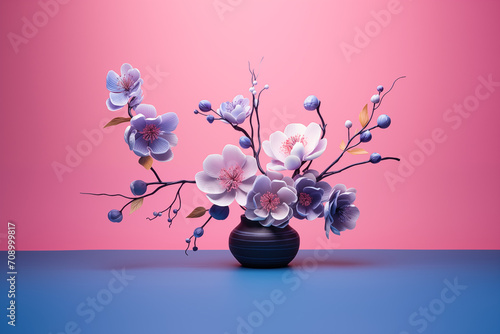 Creative vase and mixture of beautiful flowers on isolated background, clean design concept with a contrast of pink and purple