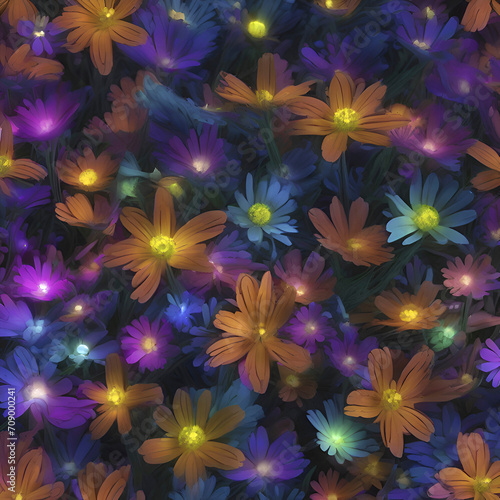 Colorful glowing wildflower at night. 