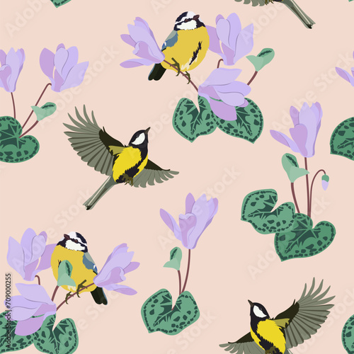 Seamless vector illustration with delicate cyclamen flowers and tits.