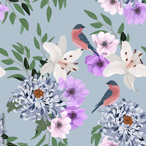 Vector pattern with anemone, chrysanthemum, lily and birds © Nadezhda