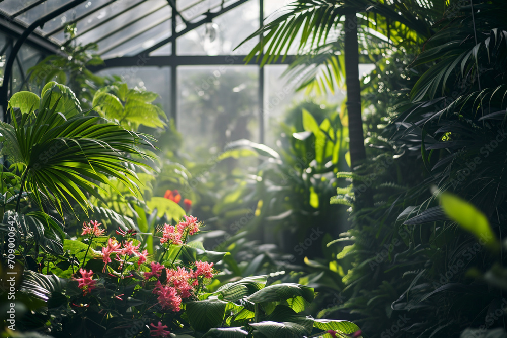 The lush tropical beauty of a greenhouse - A tranquil oasis filled with an array of plants, leafy foliage, and exotic flowers bathed in soft sunlight. Ideal scenery for relaxation and plant cultivatio