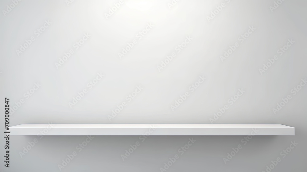White empty shelf on a light gray wall.A simple white shelf with a soft light illuminating it, perfect for showcasing products or creating a cozy atmosphere in interior design and home decor concepts. White empty shelf on a light gray wall.A simple white shelf with a soft light illuminating it, perfect for showcasing products or creating a cozy atmosphere in interior design and home decor concepts.