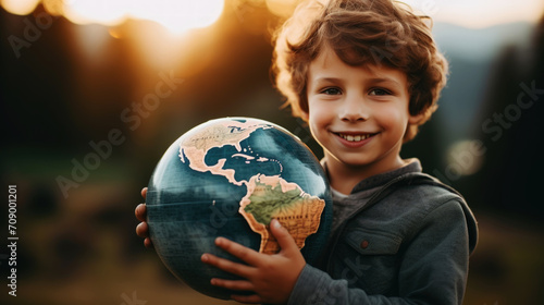 Cute small boy hugs a model of the Earth. Environment protection. Earth ecology concept. Light background. Generative AI