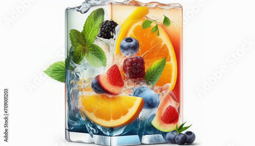 A frontal view a fresh fruit cocktail isolated on a white background with fresh fruit