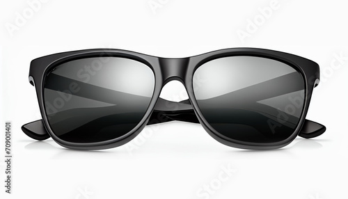 An isolated front view of a contemporary dark sunglasses pair on a white background