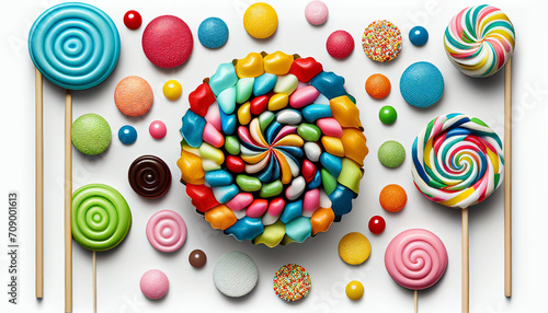 An isolated top view of colorful lollipops and candies on a white background
