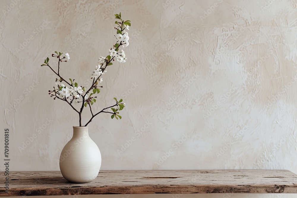 A simple vase with a branch on a wooden table. Simple yet elegant decoration. - obrazy, fototapety, plakaty 