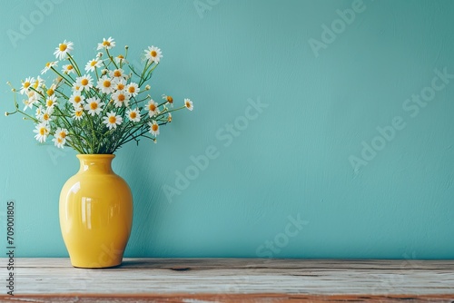 Bouquet of daisies in a vase against a blue wall.