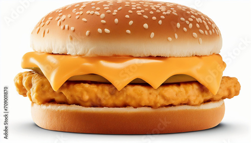 Large double cheddar cheeseburger isolated on a white background with a chicken cutlet
