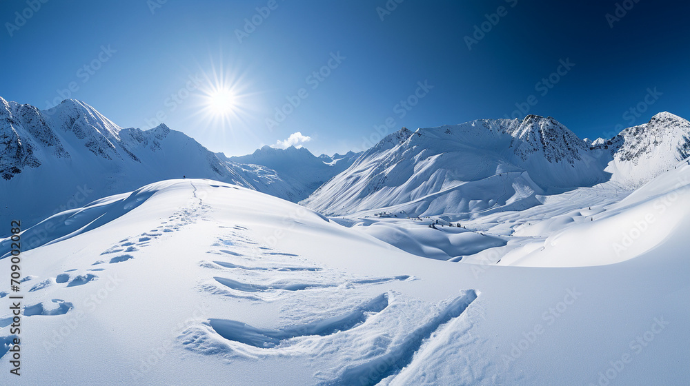 Stunning panoramic view of snowy mountain range. The untouched powder snow with ski tracks crisscrossing. Bright and crisp winter day with snow capped peaks and clear blue sky. Cold adventure and expe Stunning panoramic view of snowy mountain range. The untouched powder snow with ski tracks crisscrossing. Bright and crisp winter day with snow capped peaks and clear blue sky. Cold adventure and expe