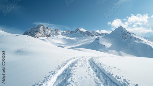 Stunning panoramic view of snowy mountain range. The untouched powder snow with ski tracks crisscrossing. Bright and crisp winter day with snow capped peaks and clear blue sky. Cold adventure and expe © Moritz